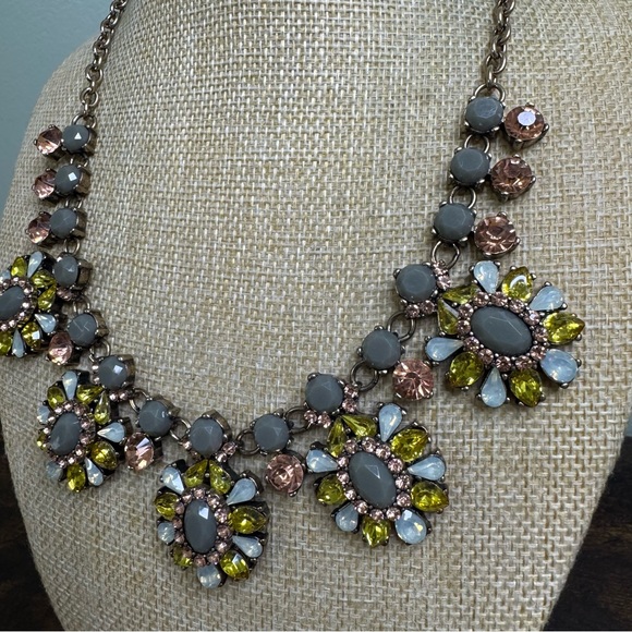Crystal Bib Necklace Gold Grey Yellow and Opalite Statement Bold Chunky 21 Inch - Picture 3 of 10